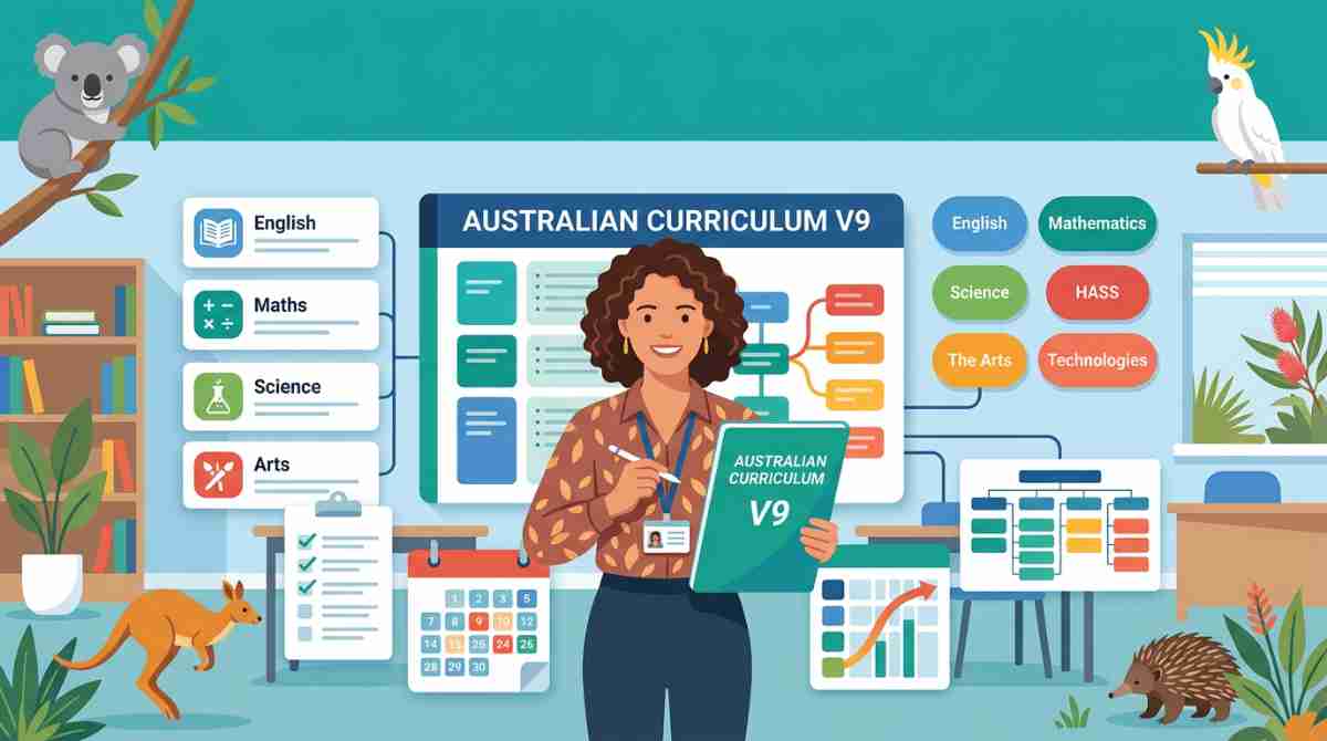 Educator holding Australian Curriculum V9 materials in a classroom with subject icons and native Australian animals.