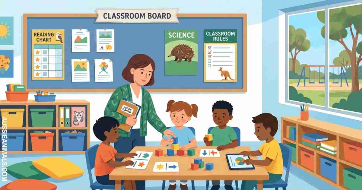 Teacher helps four children at a table with blocks and worksheets in a classroom, with a bulletin board and playground visible through the window.