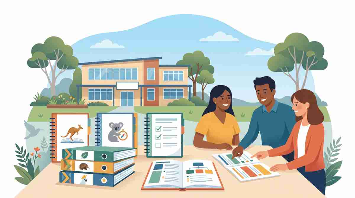 Three people review charts and schoolwork at a table outdoors, with a school building and stacked notebooks in the background.