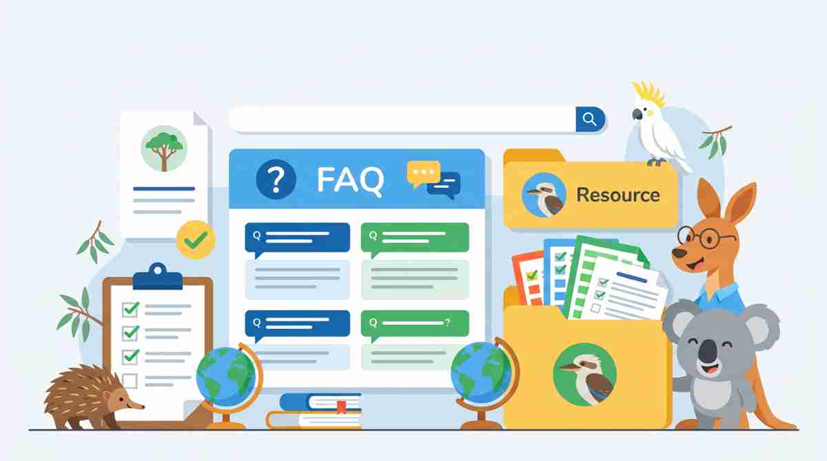 Illustration of an FAQ and resource page with checklists, documents, and cartoon animals beside a search bar.