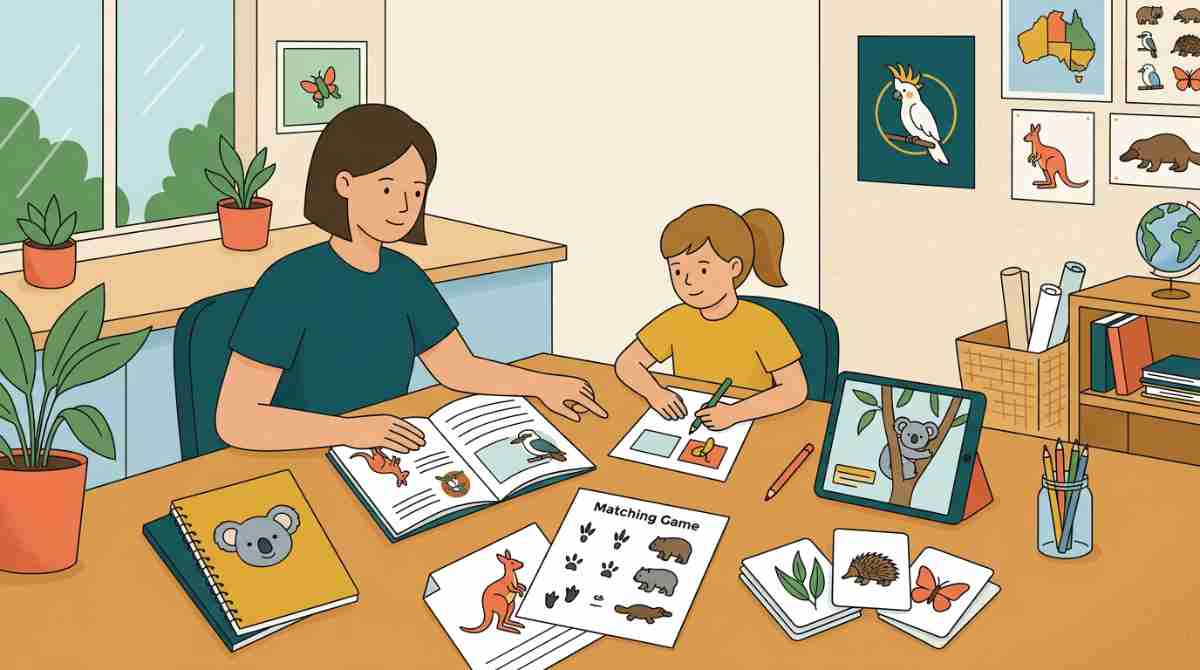Adult and child at a table doing a wildlife-themed learning activity with books, drawing, and matching cards.