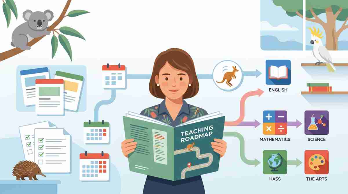 Teacher holding a “Teaching Roadmap” book with icons for English, mathematics, science, humanities, and arts, plus Australian animals in the background.