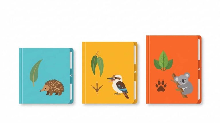 Three colorful notebooks with Australian wildlife illustrations: echidna, kookaburra, and koala.