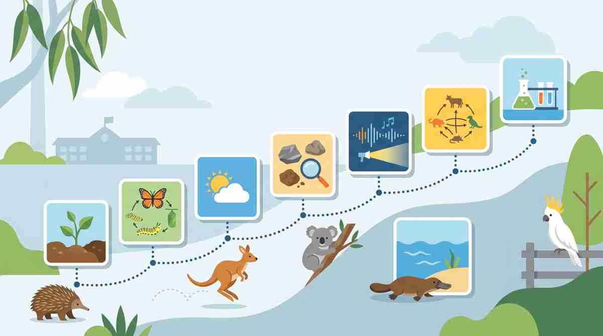Illustrated timeline of nature studies with icons (seedling, butterfly life cycle, weather, rocks, sound, food web, lab) alongside wildlife like a kangaroo, koala, platypus, echidna, and cockatoo.