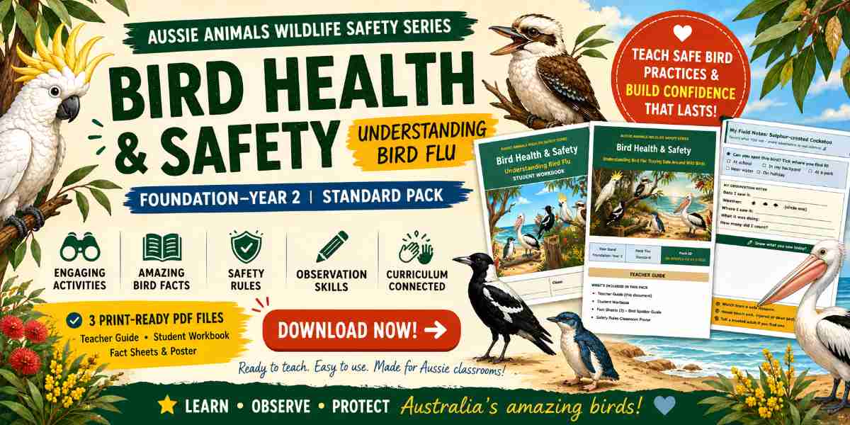 Promotional banner for an Australian “Bird Health & Safety” classroom pack about understanding bird flu, featuring illustrated birds and a “Download now” call to action.